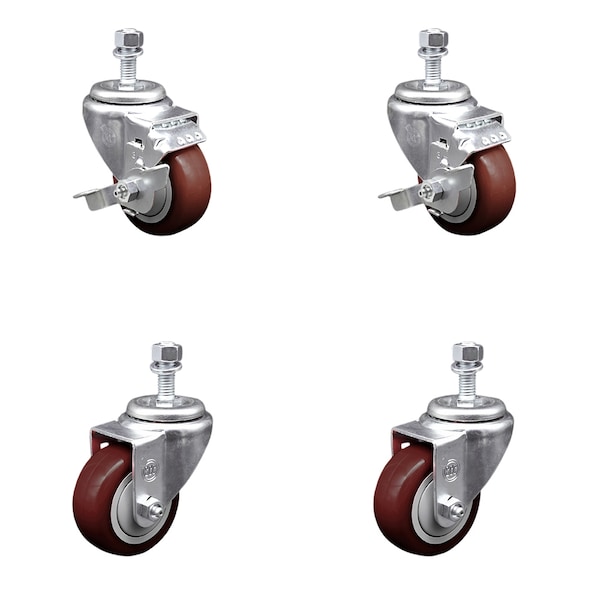 Service Caster 3 Inch Maroon Polyurethane Wheel Swivel 1/2 Inch Threaded Stem Caster Brakes, 2PK SCC-TS20S314-PPUB-MRN-TLB-121315-2S2 - main